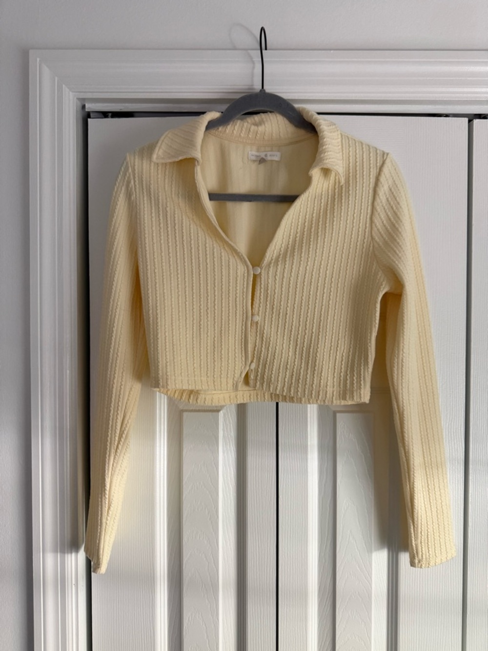 Cropped Collared Ribbed Cardigan in Cream